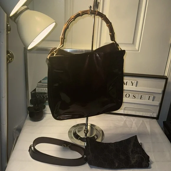 GUCCI Medium Diana Bamboo Handle Chocolate Enamel Leather Women Shoulder Bag GUC - Picture 10 of 15